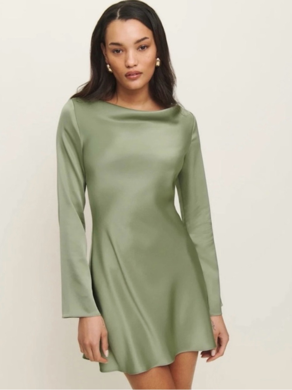 Reformation Olive Satin Long-Sleeve A-Line Dress